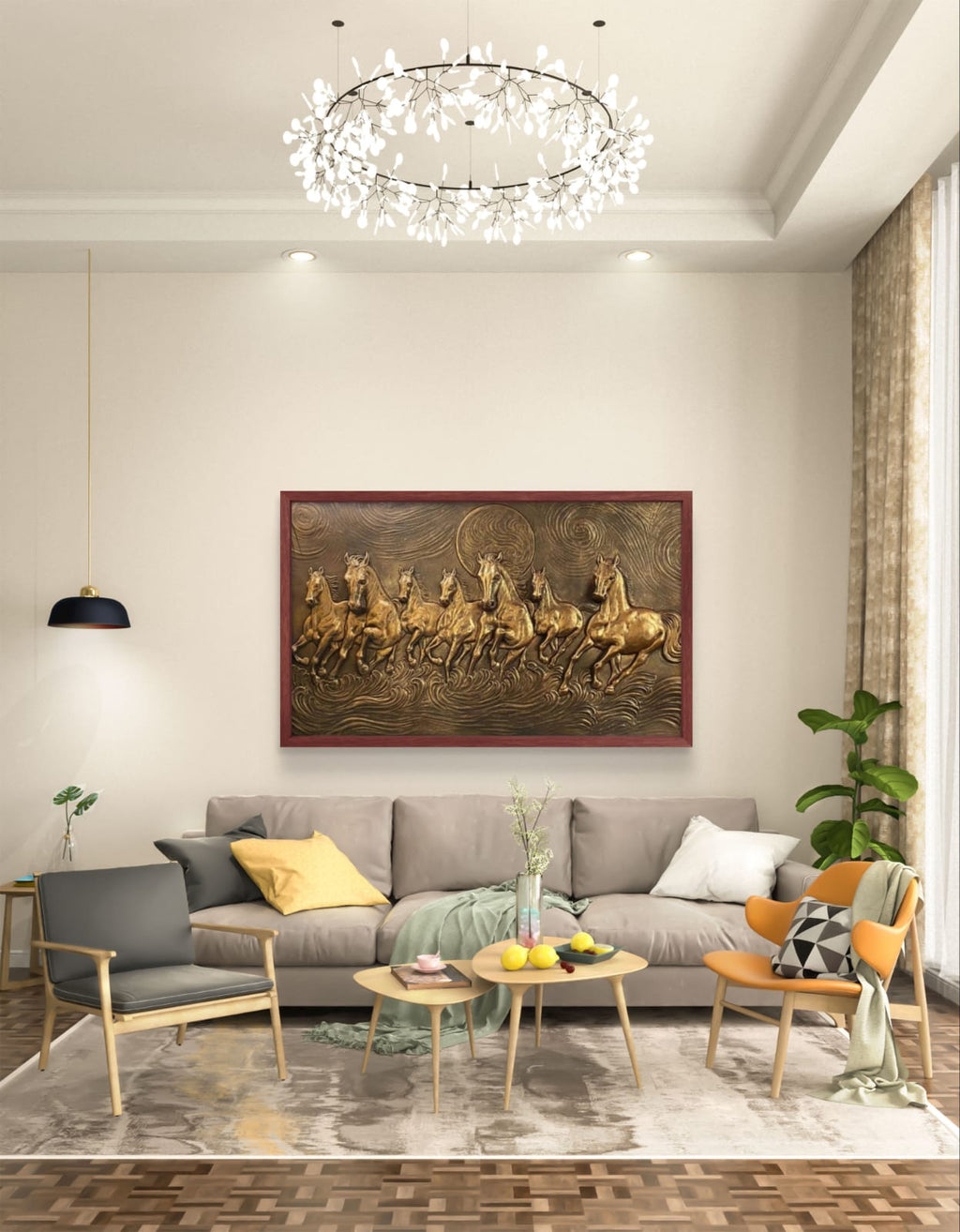 5x3 Feet Right-Moving 7 Horses 3D Relief Mural
