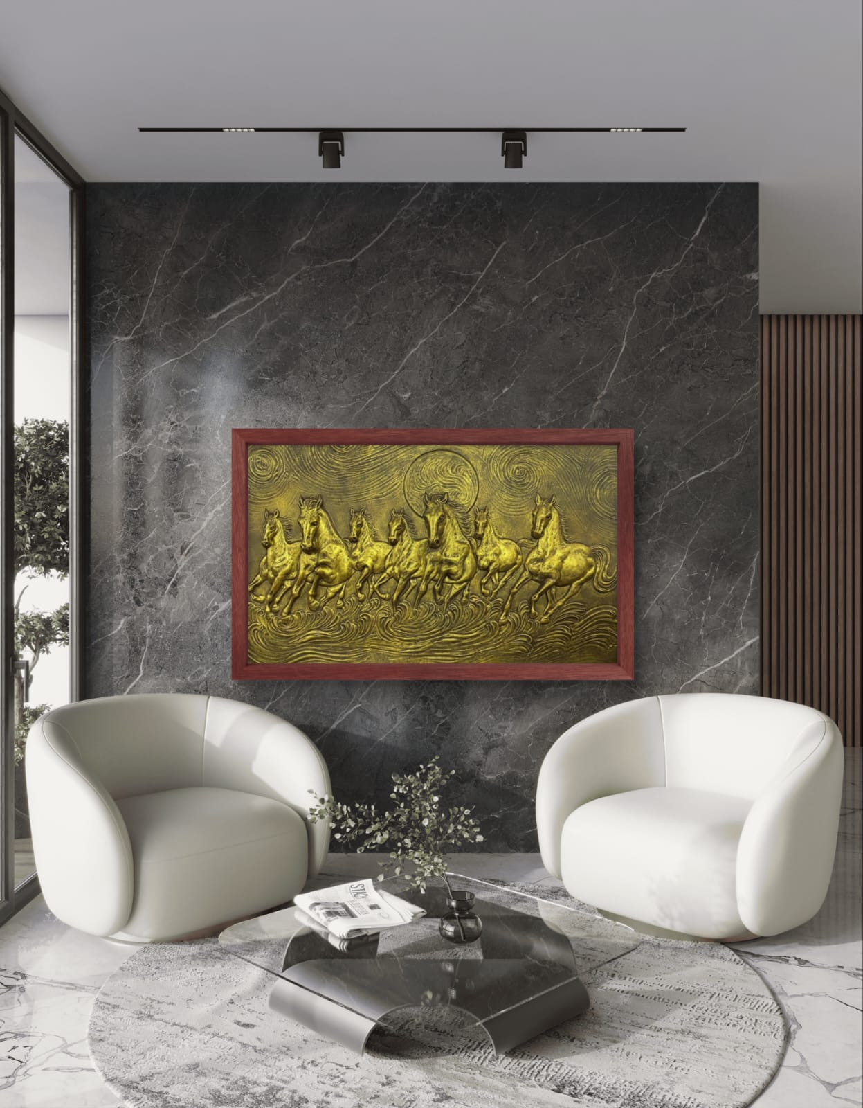 5x3 Feet Right-Moving 7 Horses 3D Relief Mural