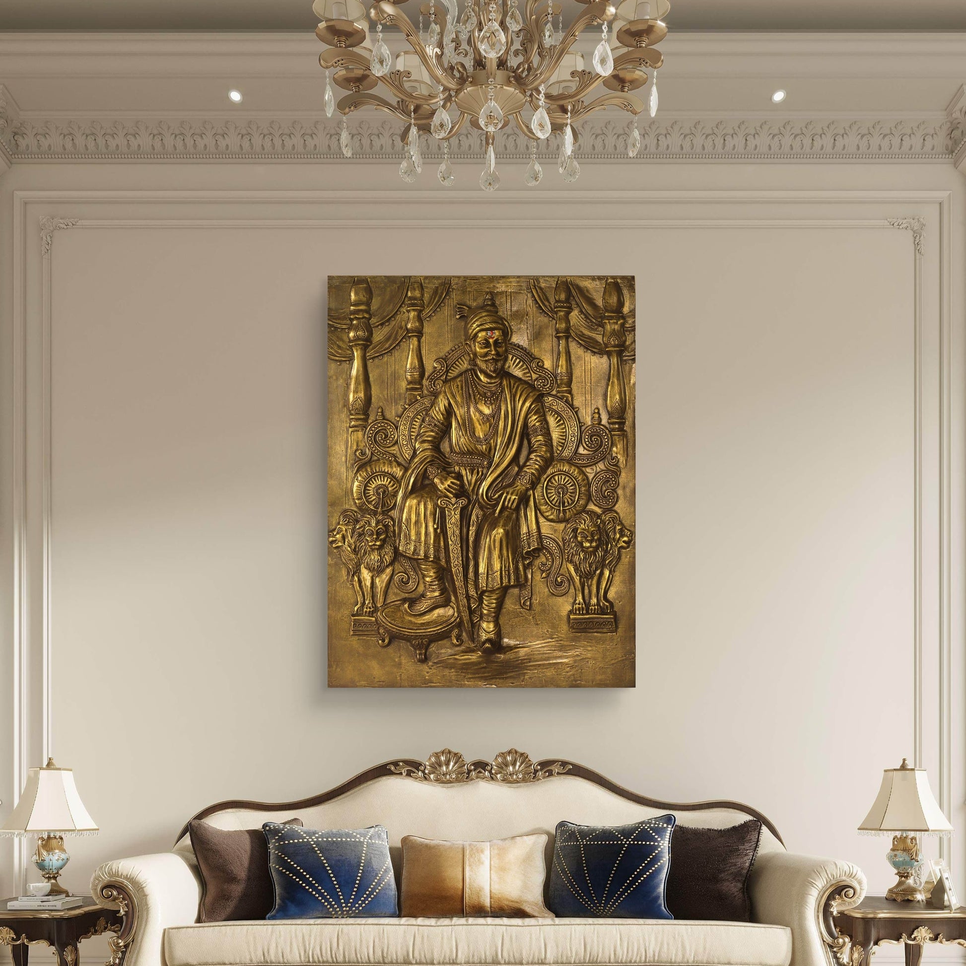 4x3 Feet | Chhatrapati Shivaji Maharaj 3D Relief Wall Mural – Majestic Throne Artwork | Royal & Historic Home & Office Decor