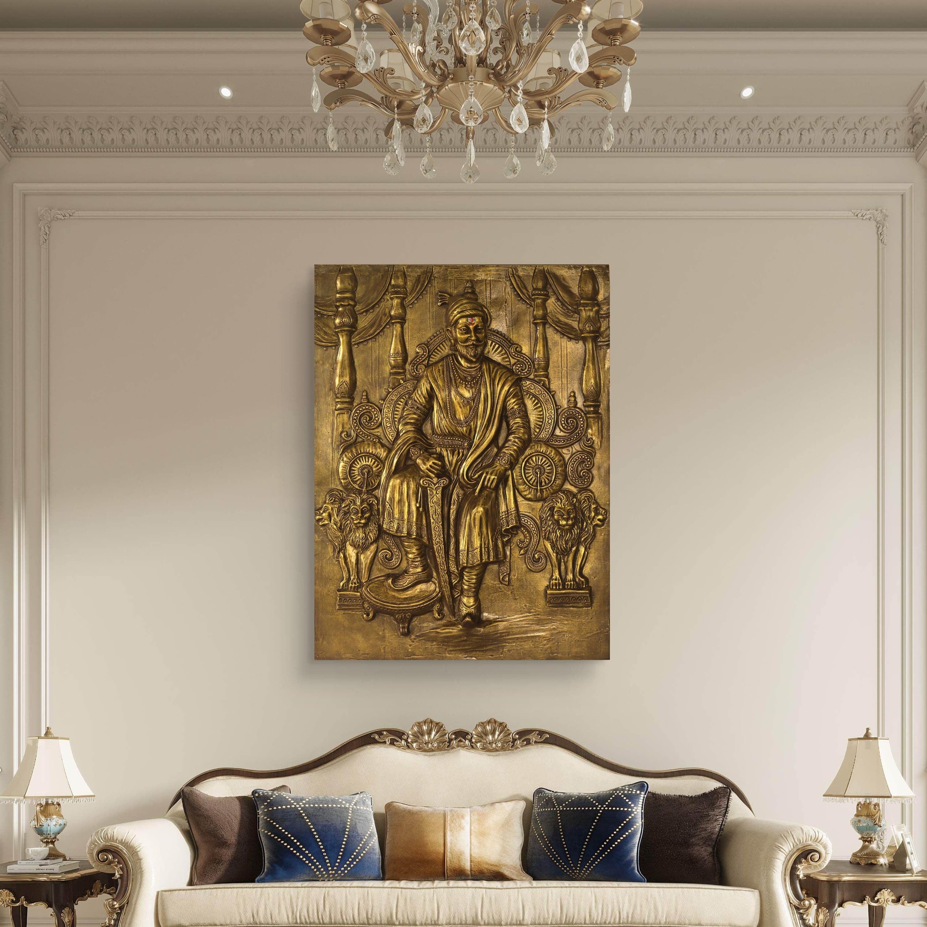 4x3 Feet | Chhatrapati Shivaji Maharaj 3D Relief Wall Mural – Majestic Throne Artwork | Royal & Historic Home & Office Decor
