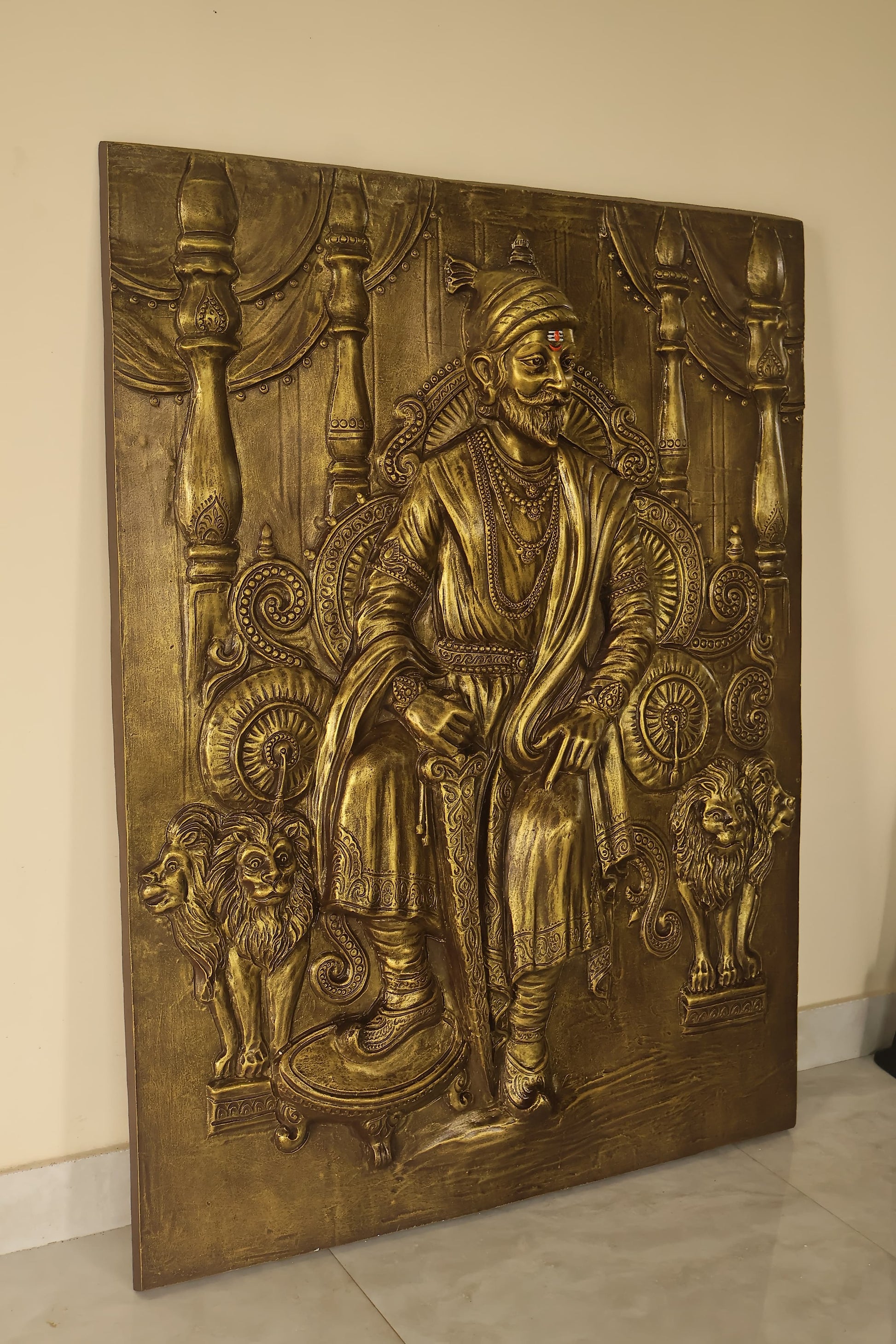 4x3 Feet | Chhatrapati Shivaji Maharaj 3D Relief Wall Mural – Majestic Throne Artwork | Royal & Historic Home & Office Decor