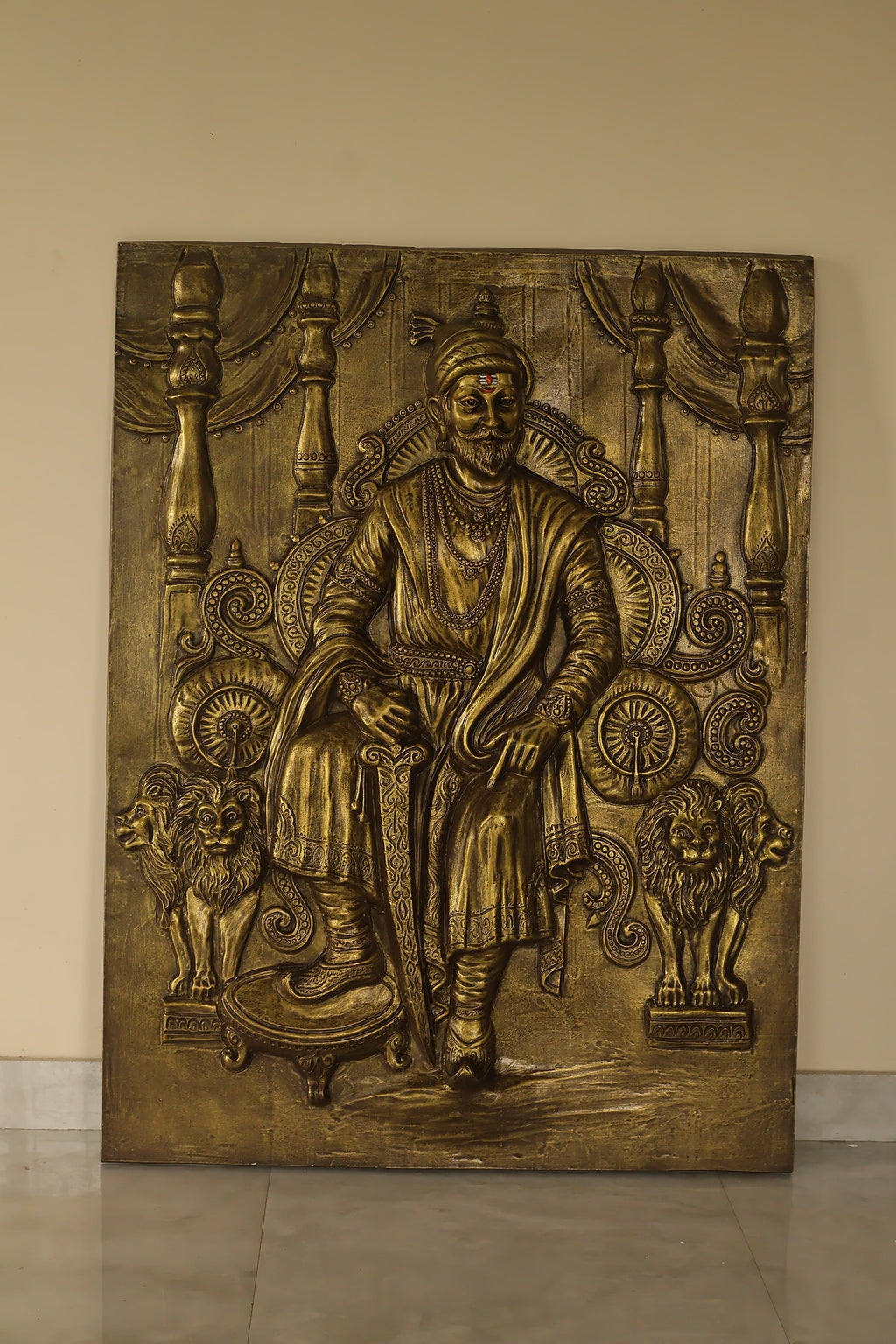 4x3 Feet | Chhatrapati Shivaji Maharaj 3D Relief Wall Mural – Majestic Throne Artwork | Royal & Historic Home & Office Decor