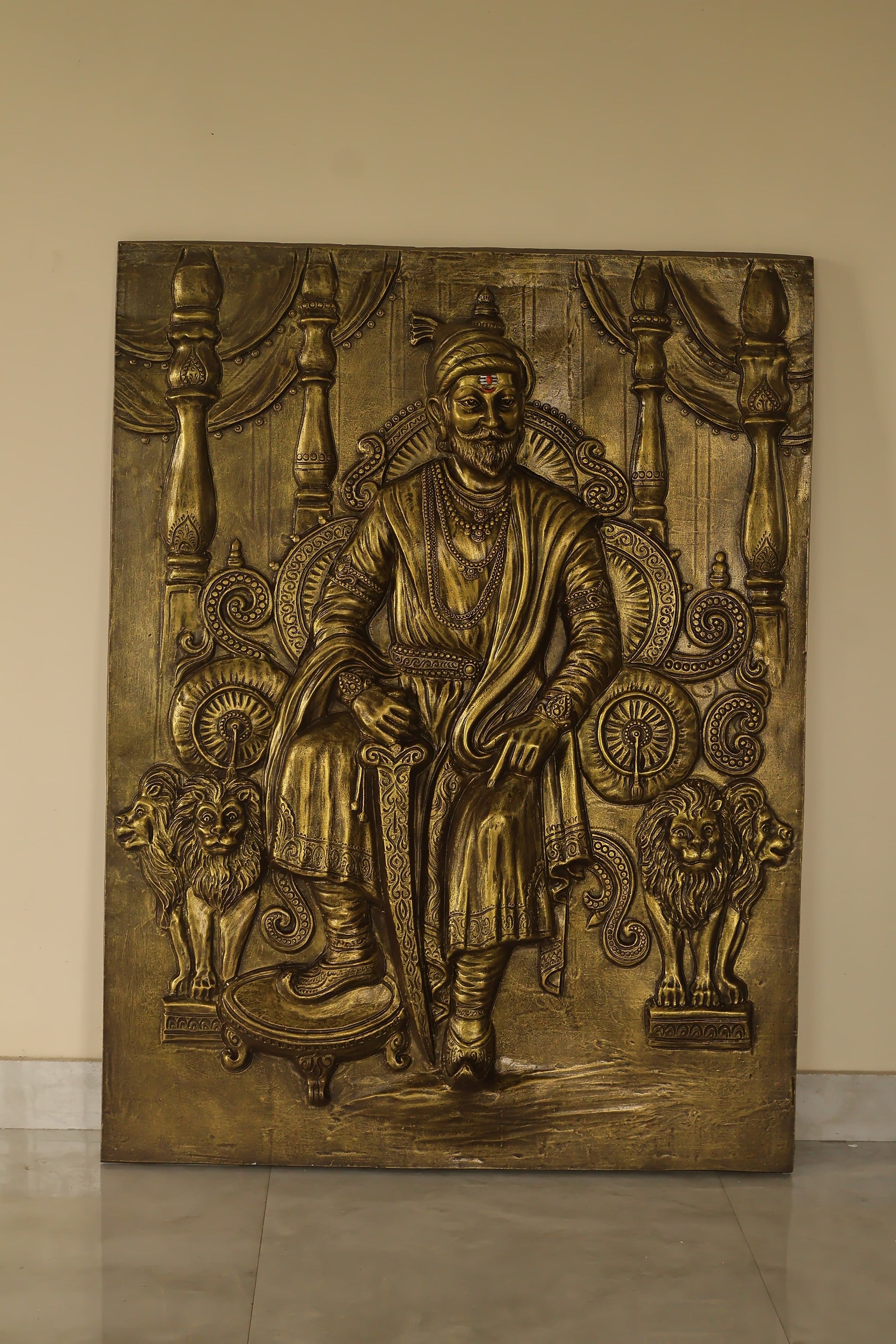 4x3 Feet | Chhatrapati Shivaji Maharaj 3D Relief Wall Mural – Majestic Throne Artwork | Royal & Historic Home & Office Decor