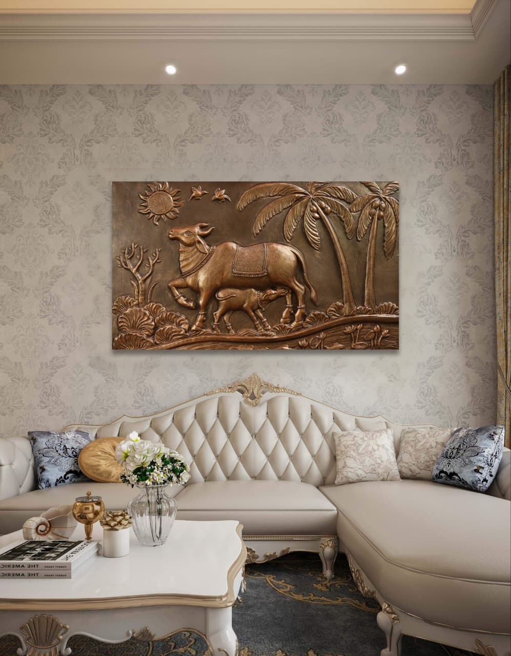 Kamdhenu Cow 3D Relief Wall Mural | 30x48 inch | Ready-to-Hang Vastu Cow Wall Art for Home & Office