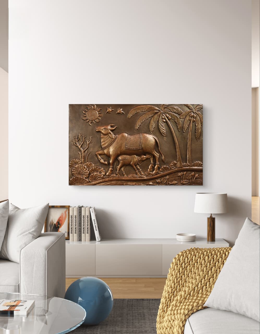 Kamdhenu Cow 3D Relief Wall Mural | 30x48 inch | Ready-to-Hang Vastu Cow Wall Art for Home & Office