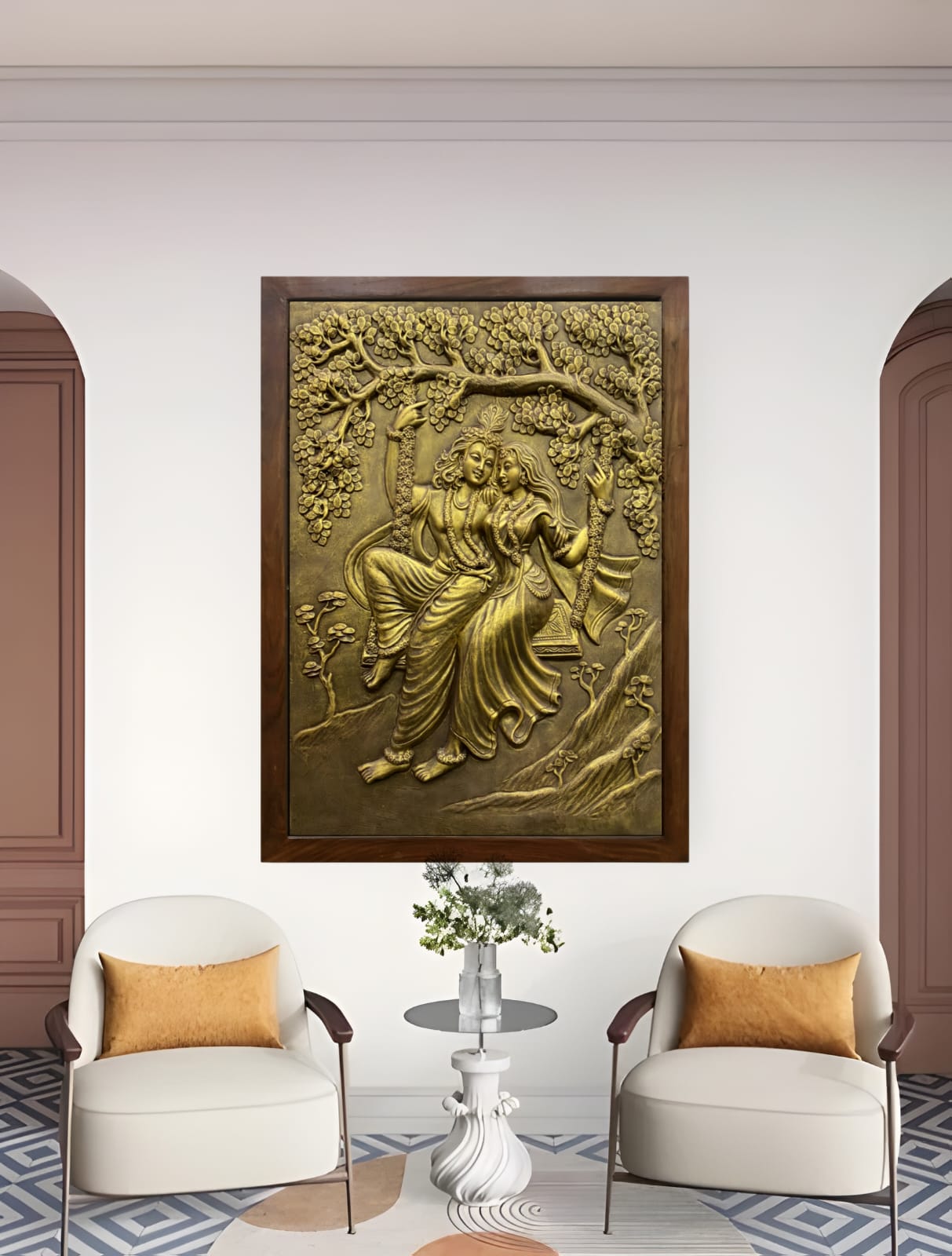 3x2 Feet | Radha Krishna Swing 3D Relief Mural | Spiritual & Romantic Wall Art