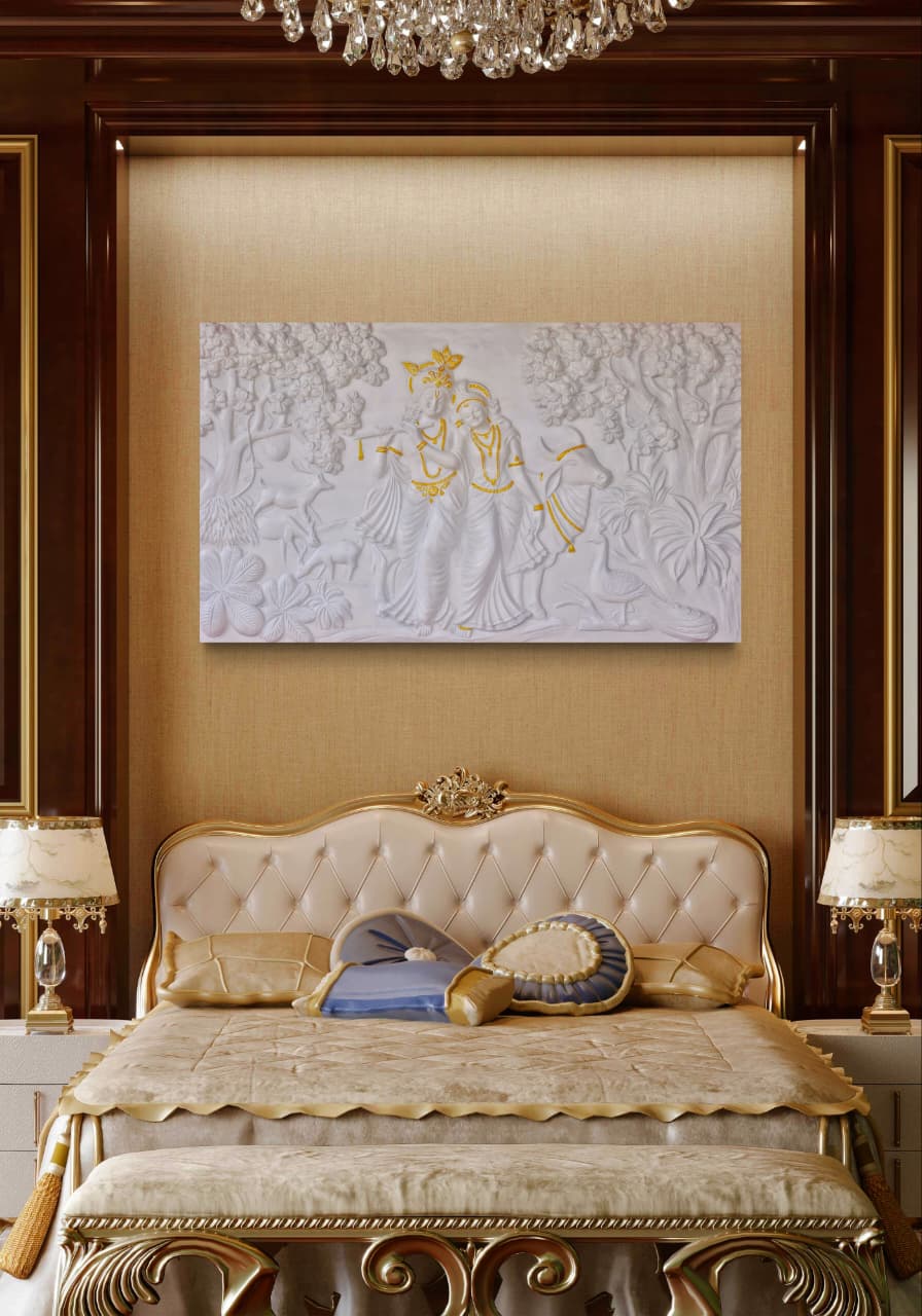 5x3 Feet | Handcrafted Radha Krishna 3D Relief Wall Mural | Divine Wall Art | Large Spiritual Décor