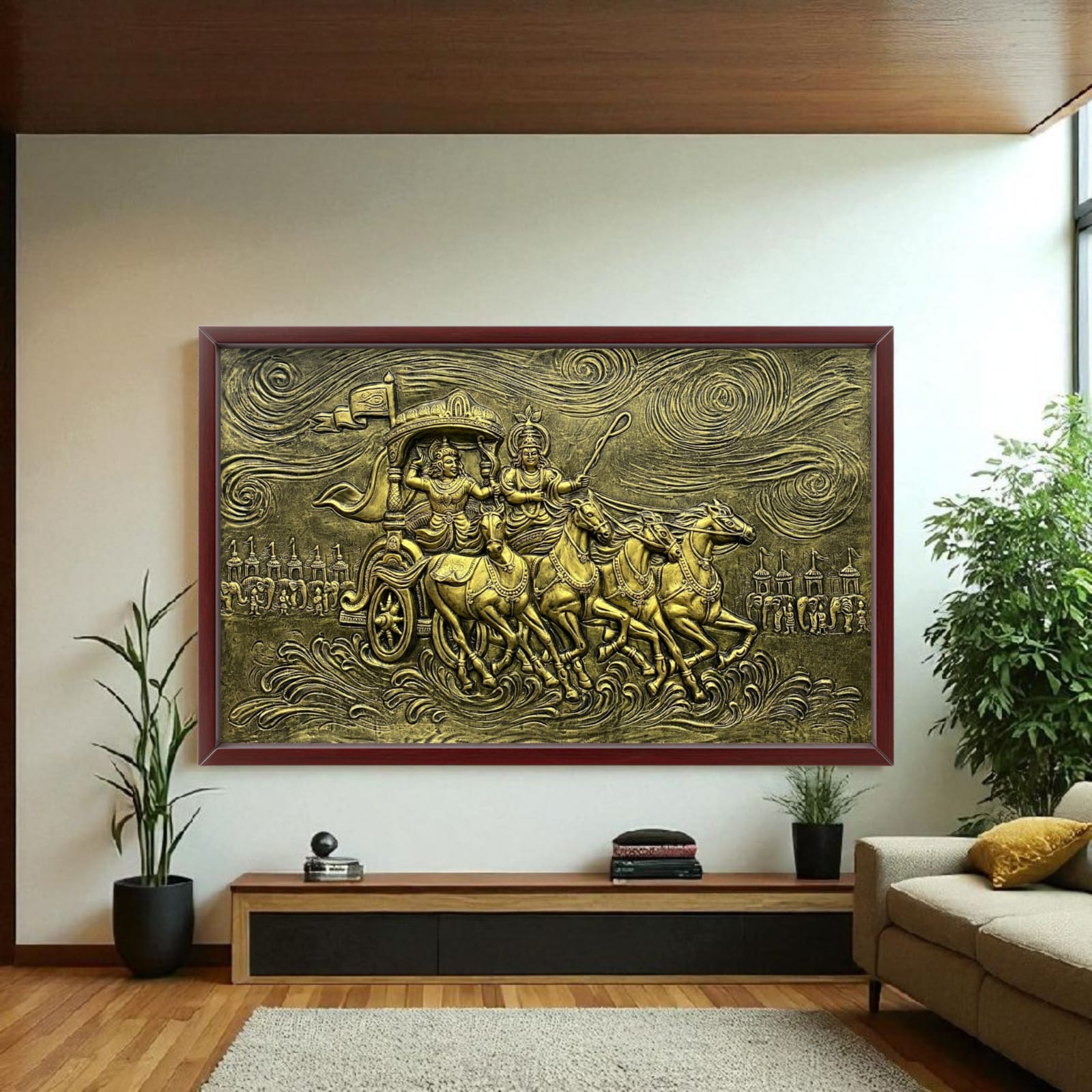 5x3 Feet Lord Krishna & Arjuna Rath – Mahabharat 3D Relief Mural