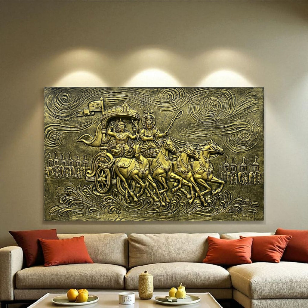 5x3 Feet Lord Krishna & Arjuna Rath – Mahabharat 3D Relief Mural