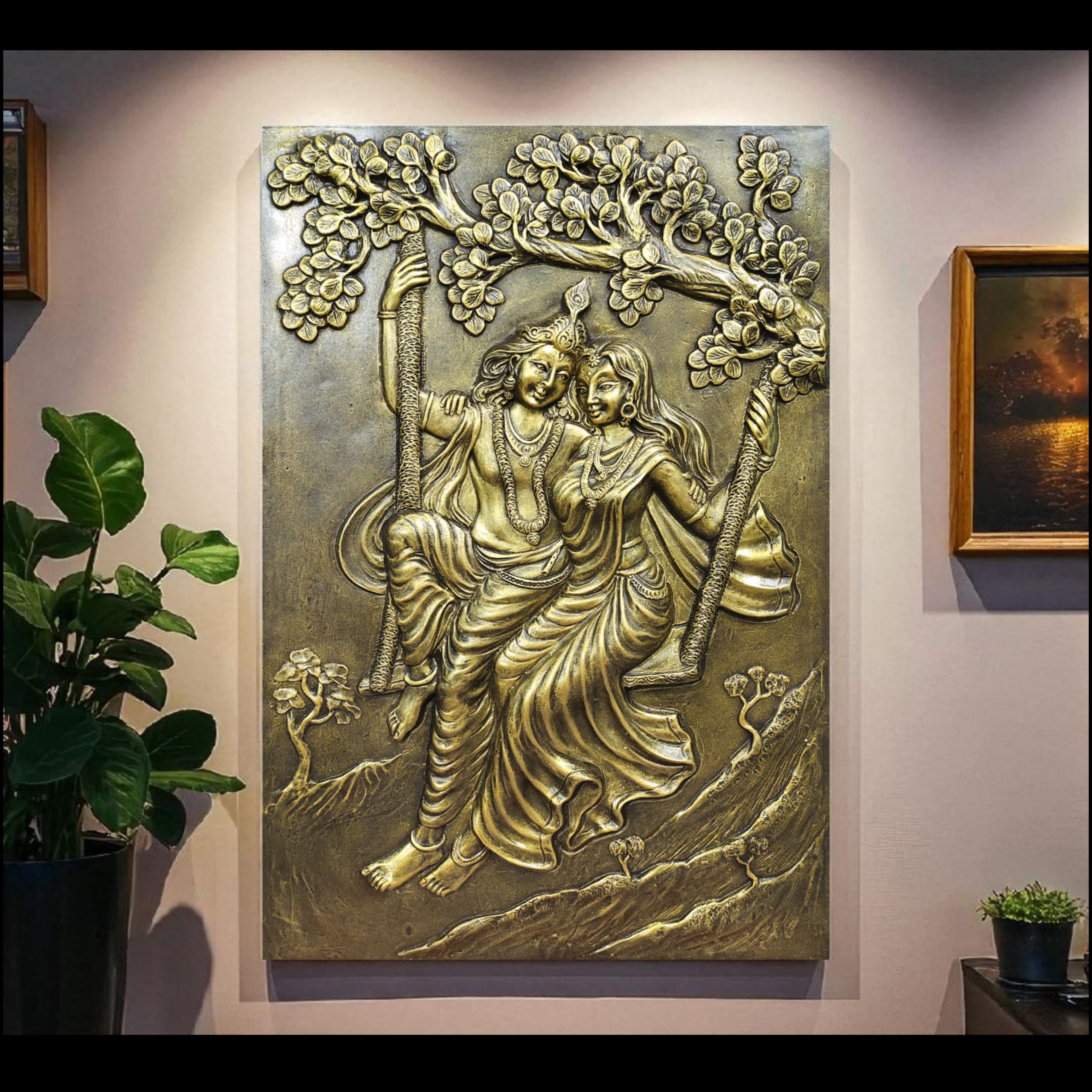 3x2 Feet | Radha Krishna Swing 3D Relief Mural | Spiritual & Romantic Wall Art