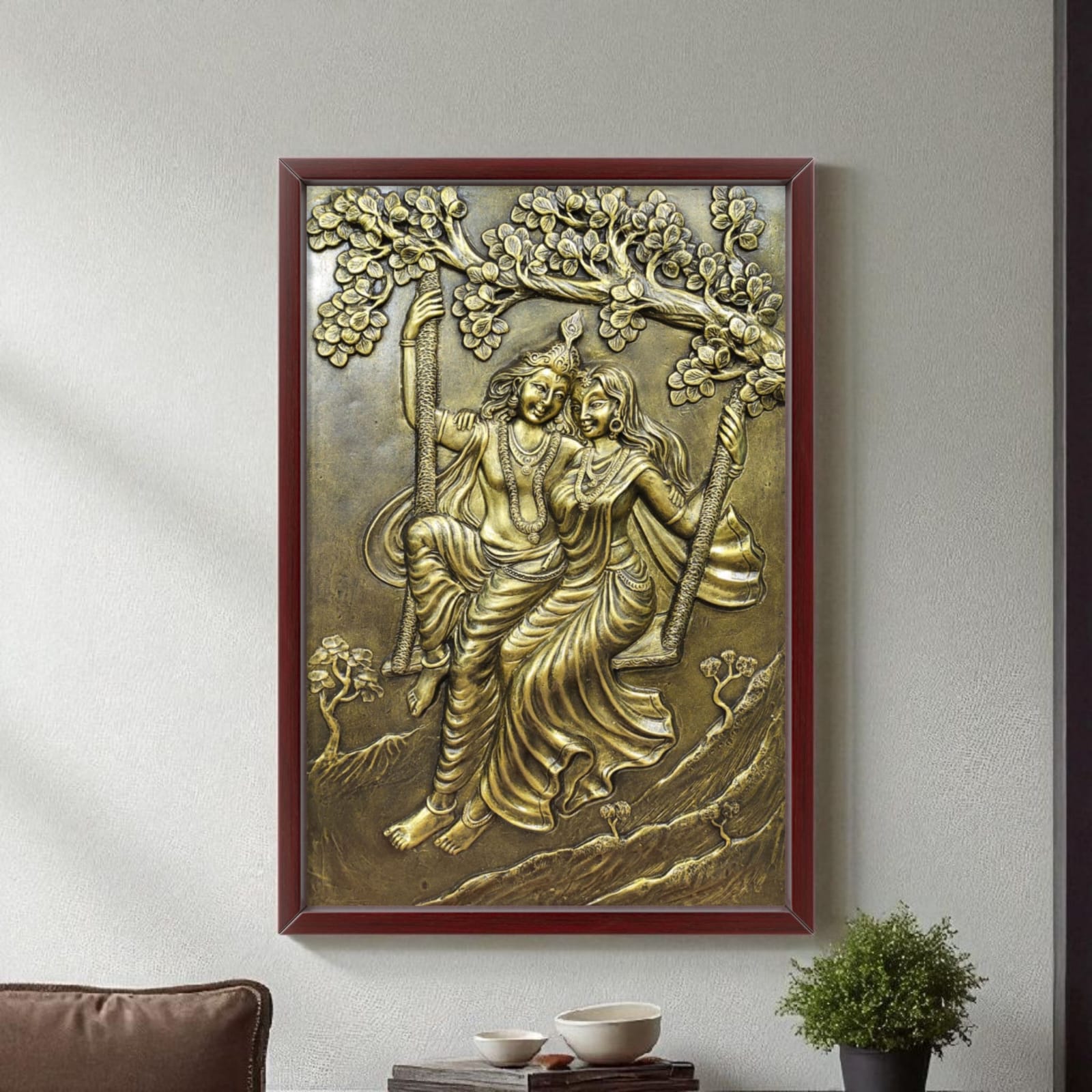 3x2 Feet | Radha Krishna Swing 3D Relief Mural | Spiritual & Romantic Wall Art