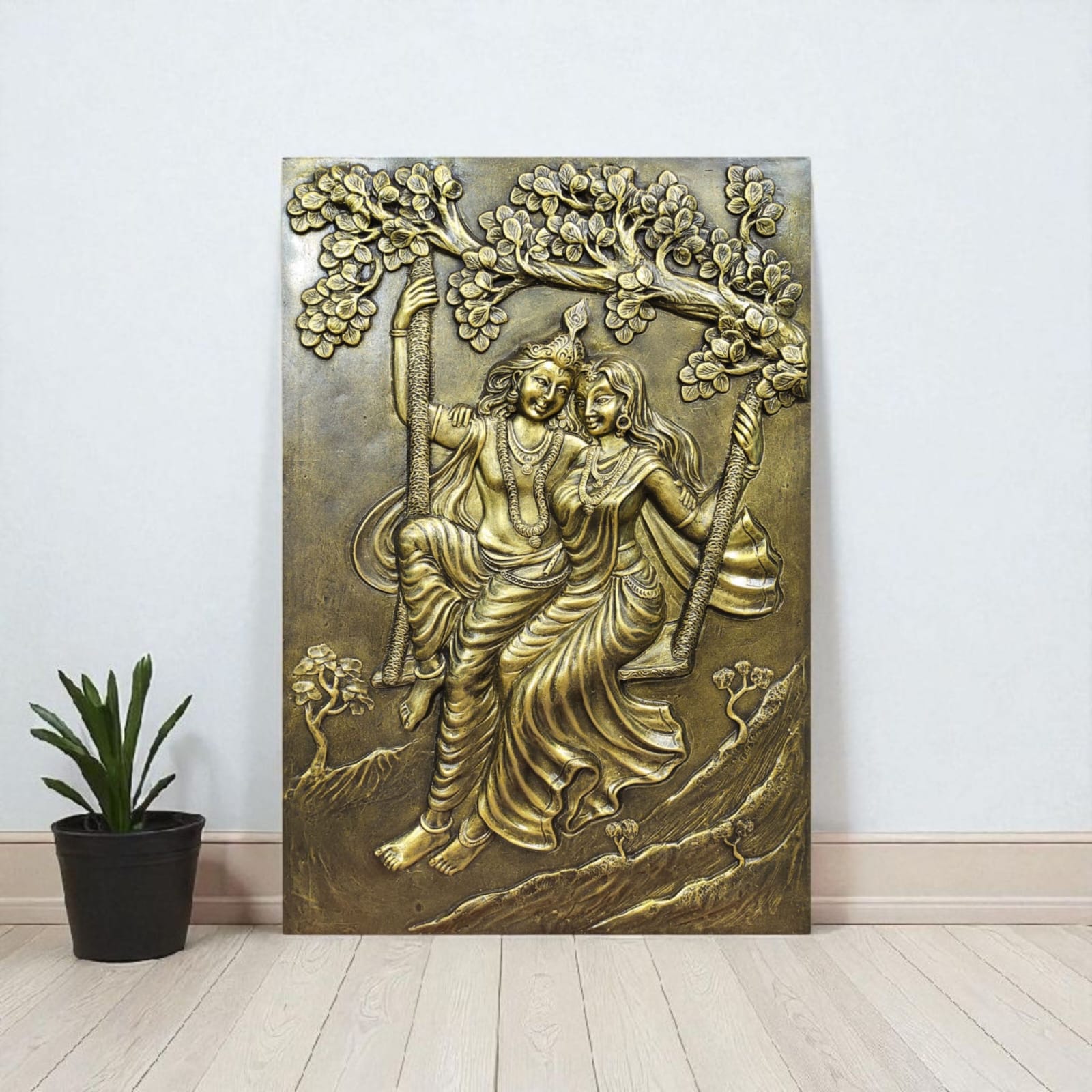 3x2 Feet | Radha Krishna Swing 3D Relief Mural | Spiritual & Romantic Wall Art