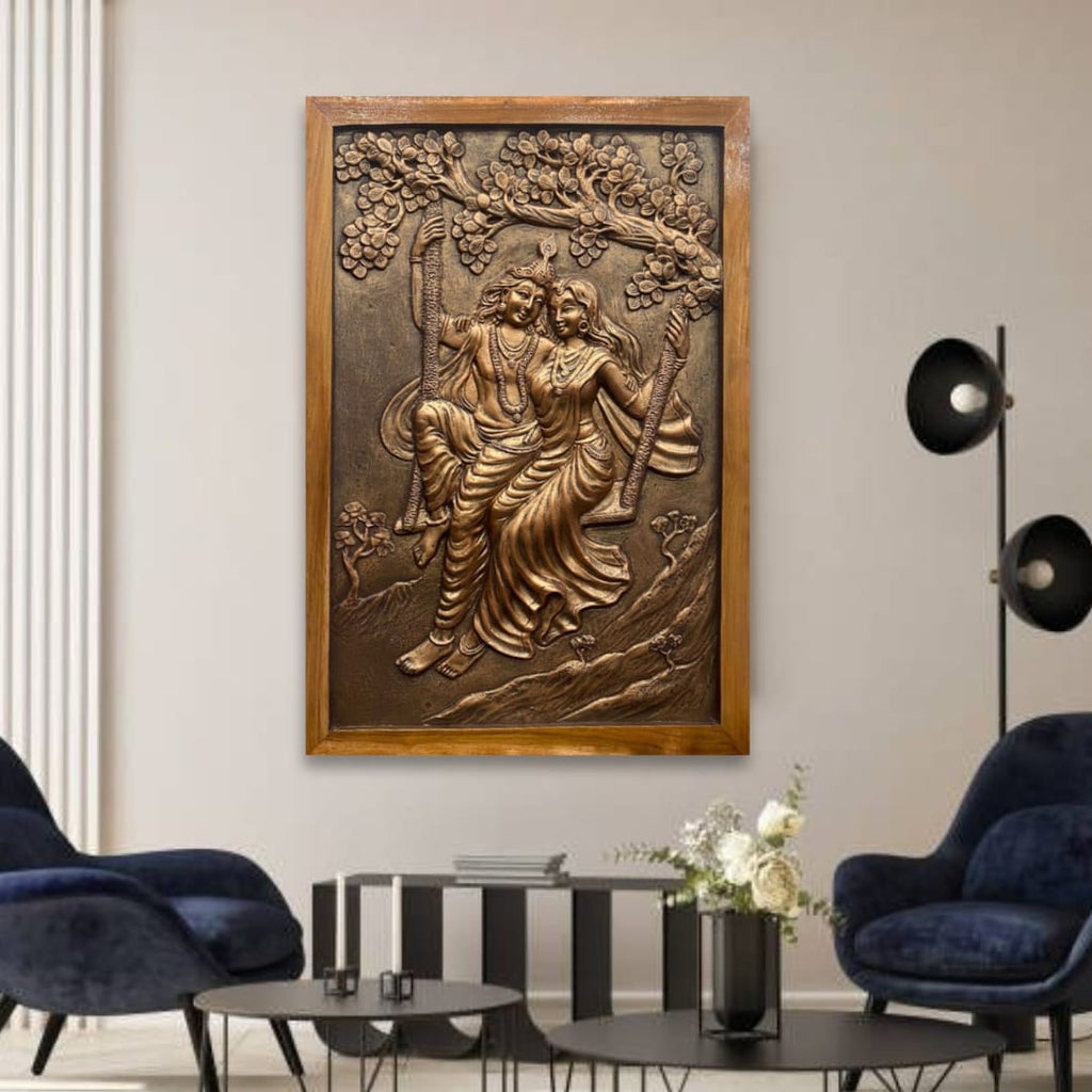 3x2 Feet | Radha Krishna Swing 3D Relief Mural | Spiritual & Romantic Wall Art