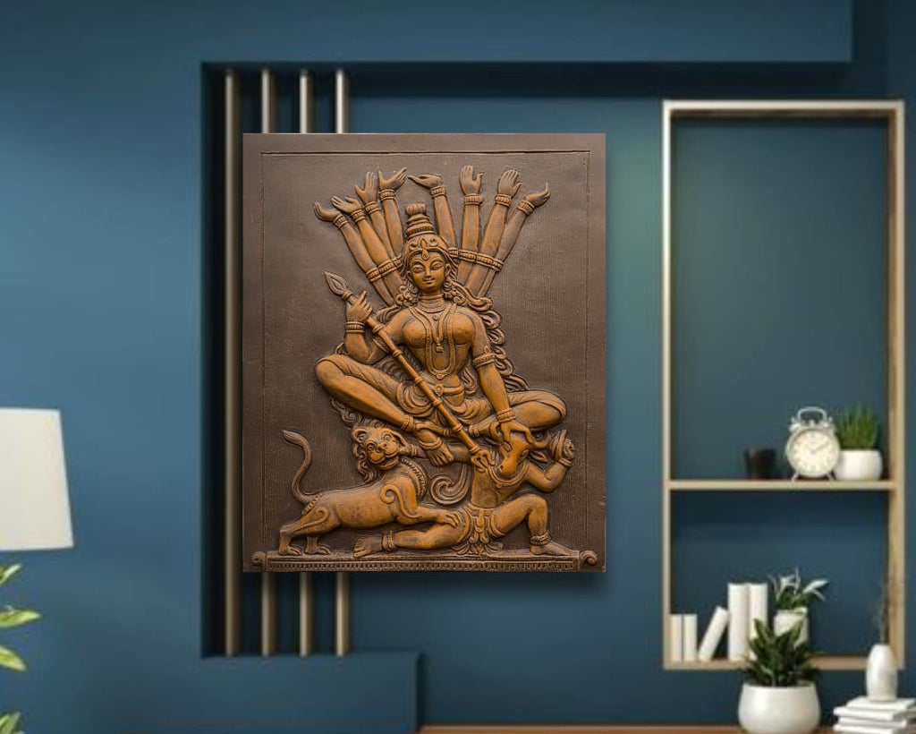 2x2.5 Feet | Goddess Durga 3D Relief Wall Mural | Terracotta Finish | Hindu Divine Wall Art | Ready to Hang
