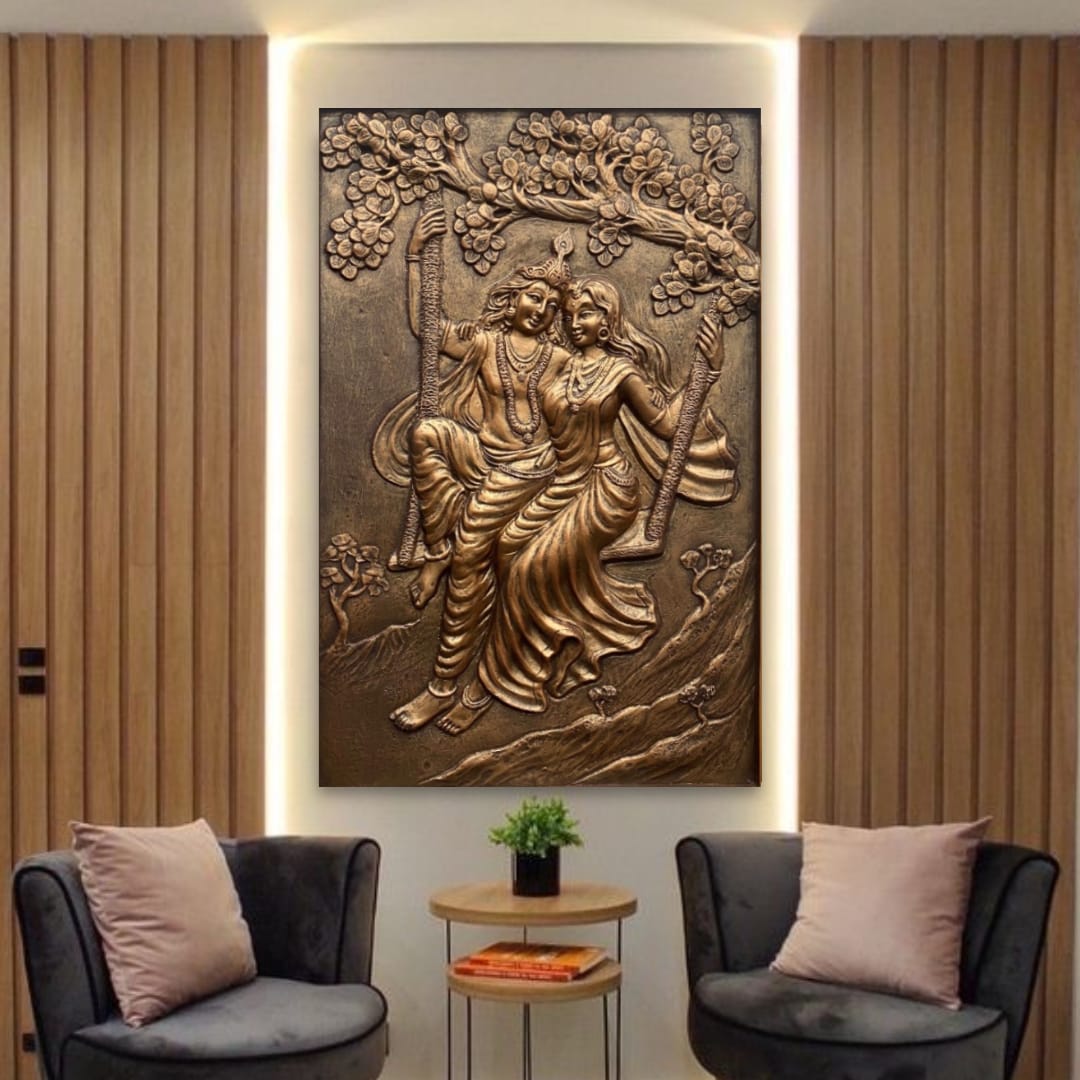 3x2 Feet | Radha Krishna Swing 3D Relief Mural | Spiritual & Romantic Wall Art