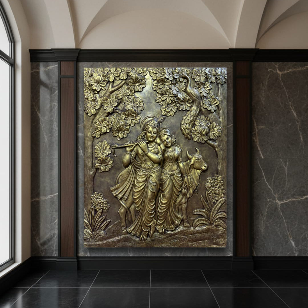 7x6 Feet | Radha Krishna 3D Relief Mural Wall Art | Ready-to-Hang Divine Décor for Home & Temple