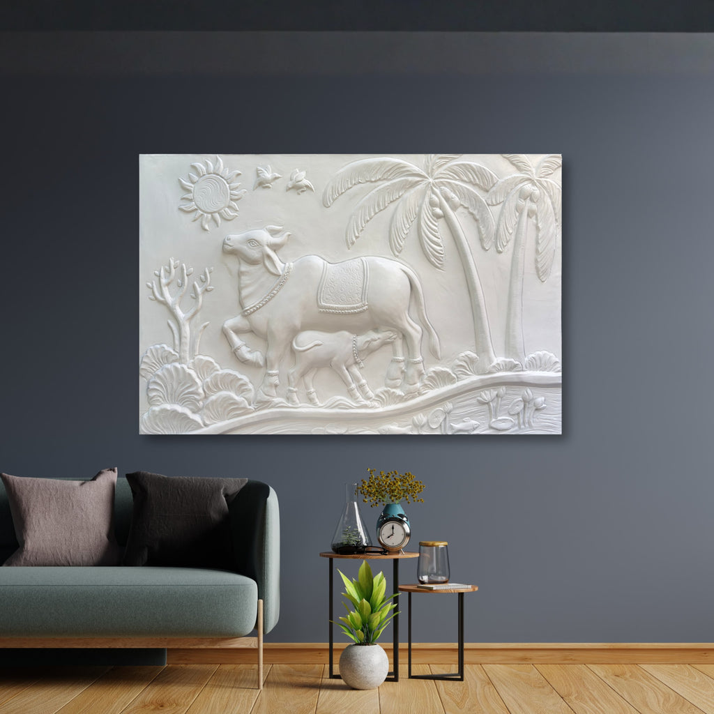 Kamdhenu Cow 3D Relief Wall Mural | 30x48 inch | Ready-to-Hang Vastu Cow Wall Art for Home & Office