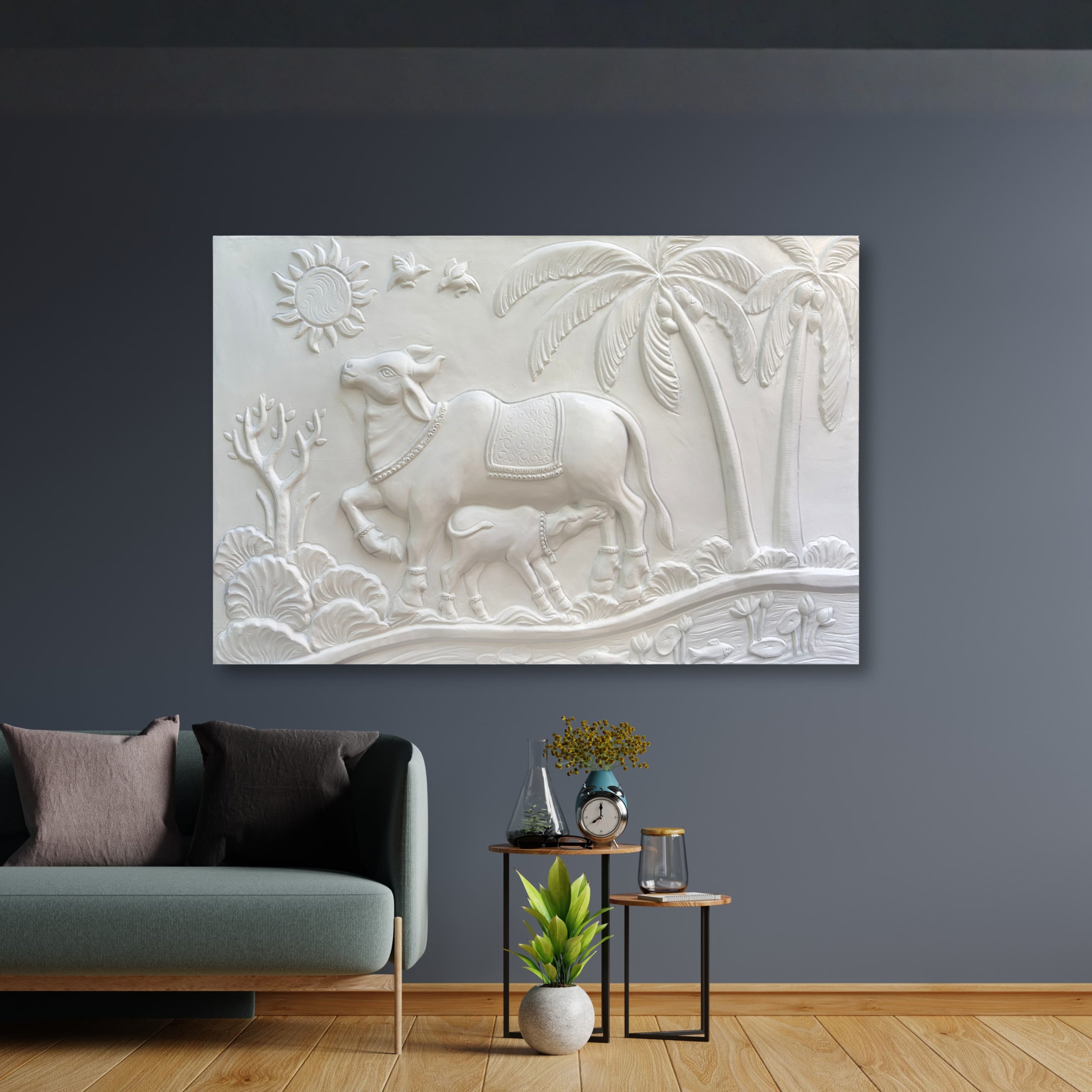 Kamdhenu Cow 3D Relief Wall Mural | 30x48 inch | Ready-to-Hang Vastu Cow Wall Art for Home & Office