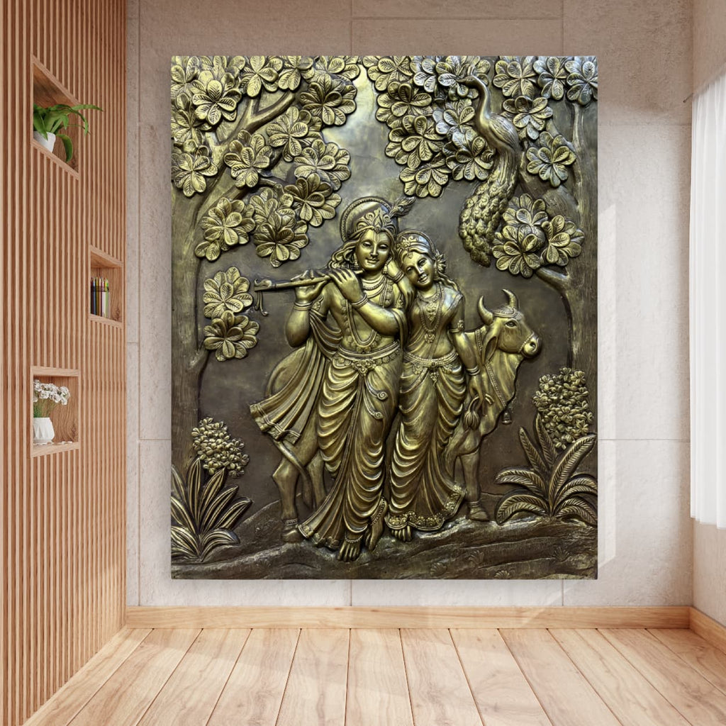 7x6 Feet | Radha Krishna 3D Relief Mural Wall Art | Ready-to-Hang Divine Décor for Home & Temple