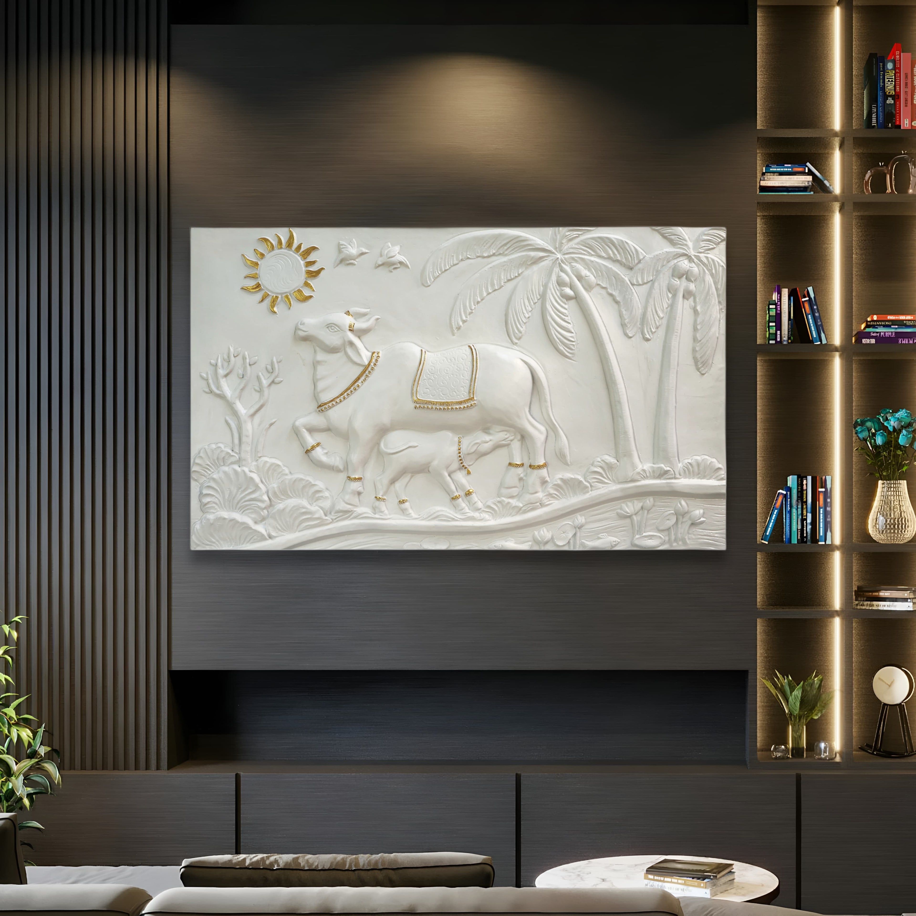 Kamdhenu Cow 3D Relief Wall Mural | 30x48 inch | Ready-to-Hang Vastu Cow Wall Art for Home & Office