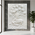 Kamdhenu & Calf with Sacred Banyan Tree of Life – 3D Relief Mural | 5x4 Feet | 4 Elegant Finishe