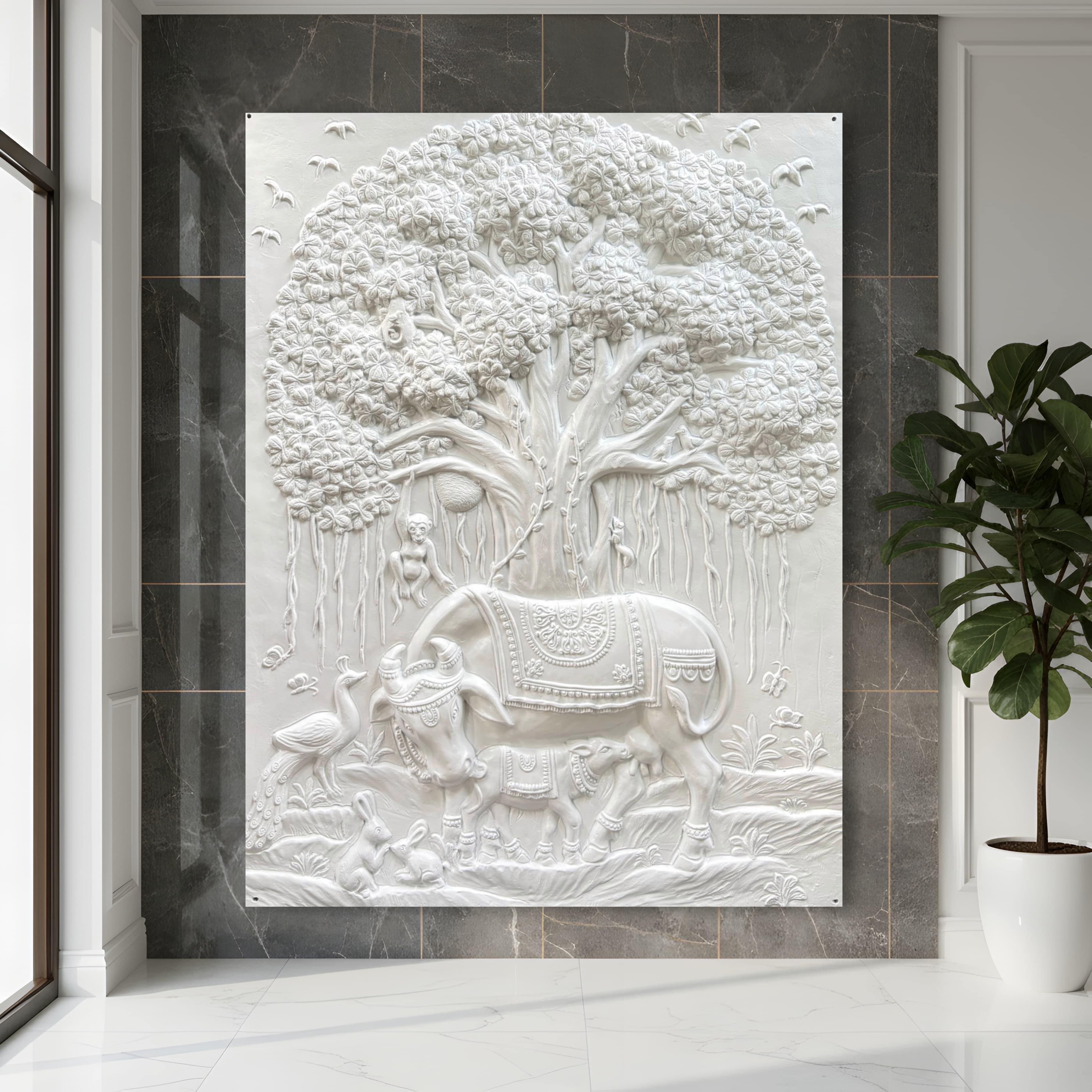 Kamdhenu & Calf with Sacred Banyan Tree of Life – 3D Relief Mural | 5x4 Feet | 4 Elegant Finishe