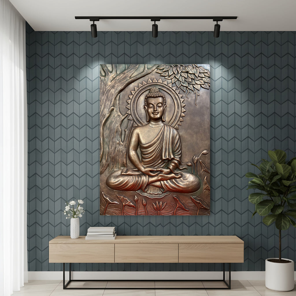4x3 | Buddha Under the Tree 3D Relief Mural – Handmade Wall Art | Spiritual Home & Office Décor