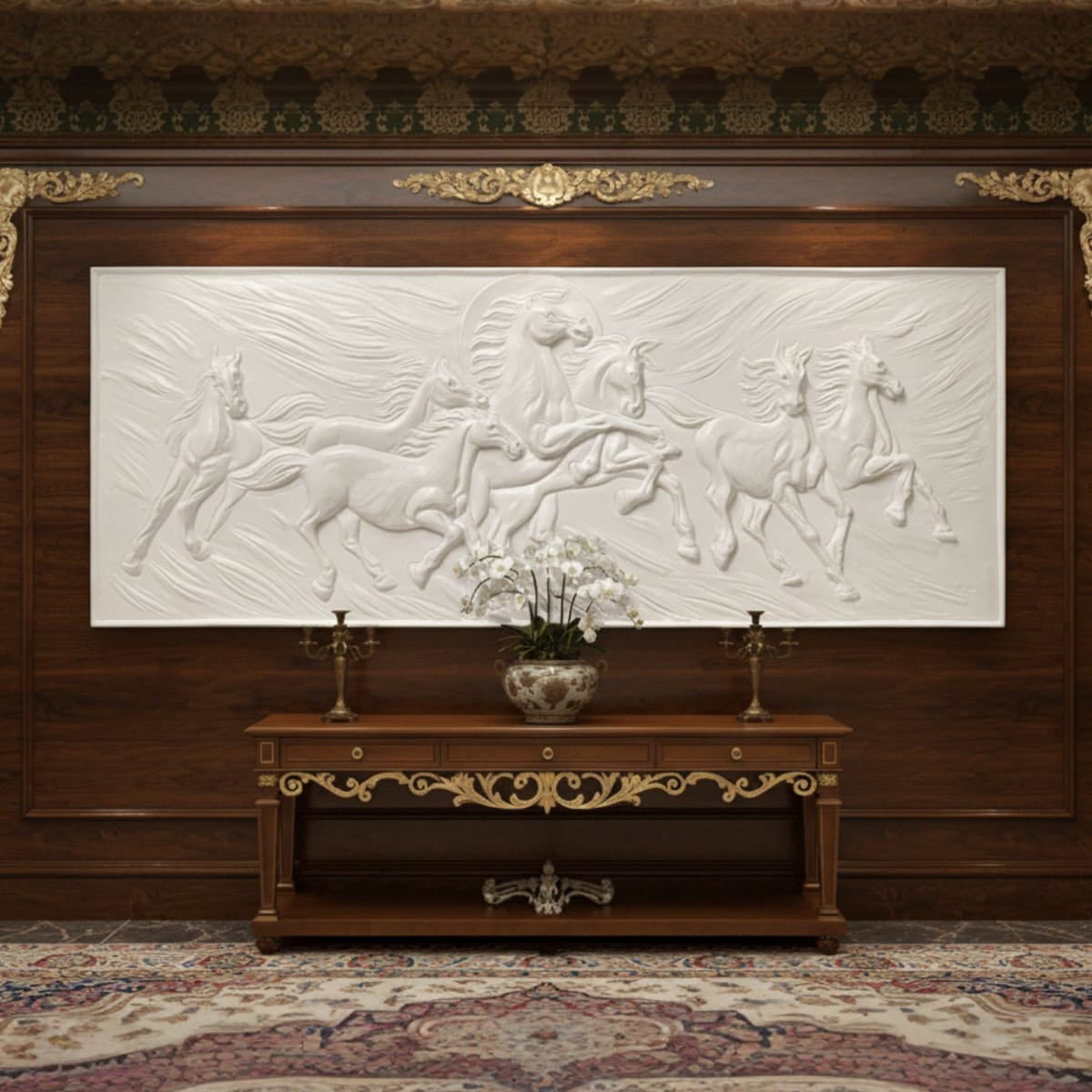 5x2 Vastu Inspired 7 Horse 3D Relief Mural Wall Art  | Symbol of Power & Success