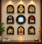 Set of nine decorative wall motifs with prabhavali inspired by traditional Indian wall décor