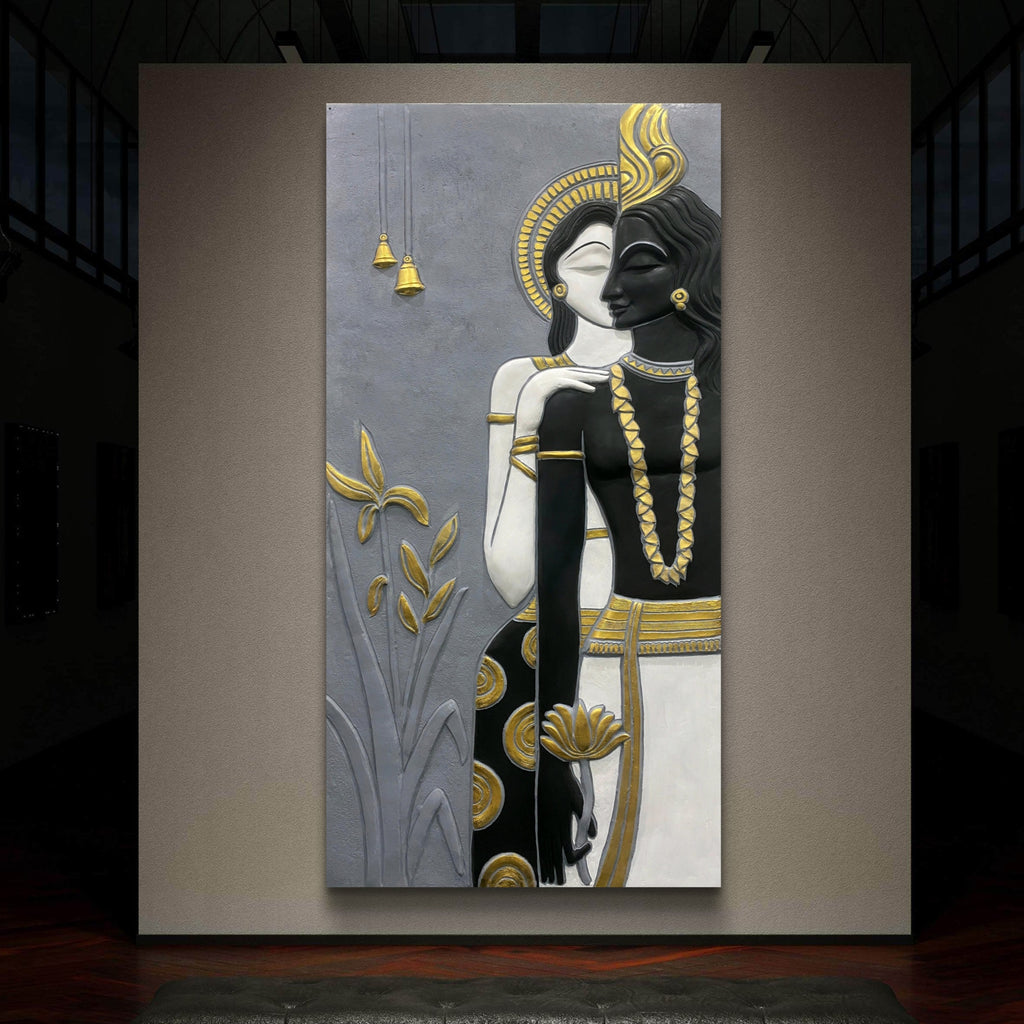 7x3.5 Feet | Abstract Radha Krishna 3D Elevation Sculpture Mural Wall Art | Divine Love & Spiritual Déco | Ready-to-Hang | Handmade Relief Artwork