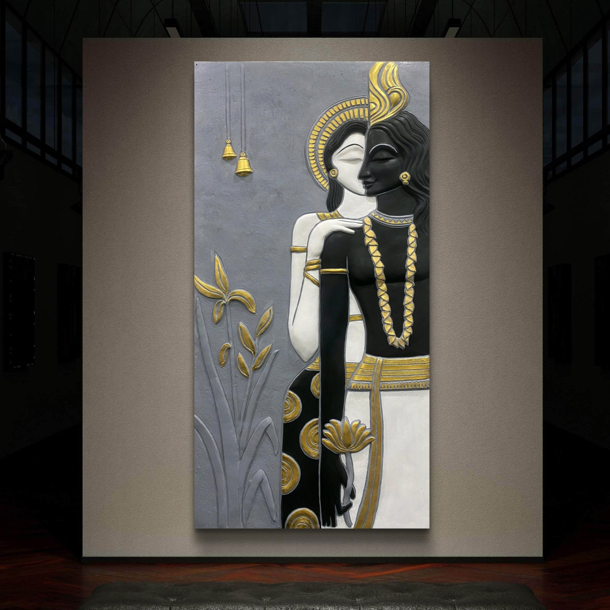 7x3.5 Feet | Abstract Radha Krishna 3D Elevation Sculpture Mural Wall Art | Divine Love & Spiritual Déco | Ready-to-Hang | Handmade Relief Artwork