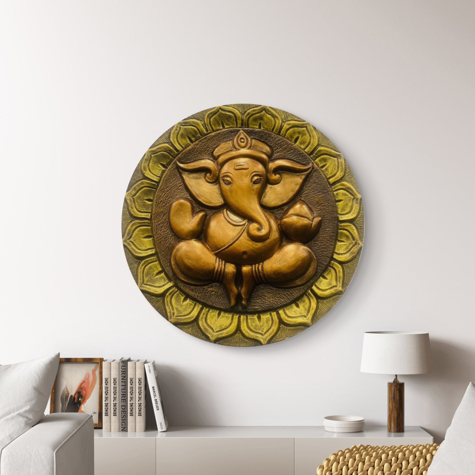 21x21 Inches | Handcrafted Lord Ganesha Round Relief Mural | Divine Wall Art | Ready to Hang