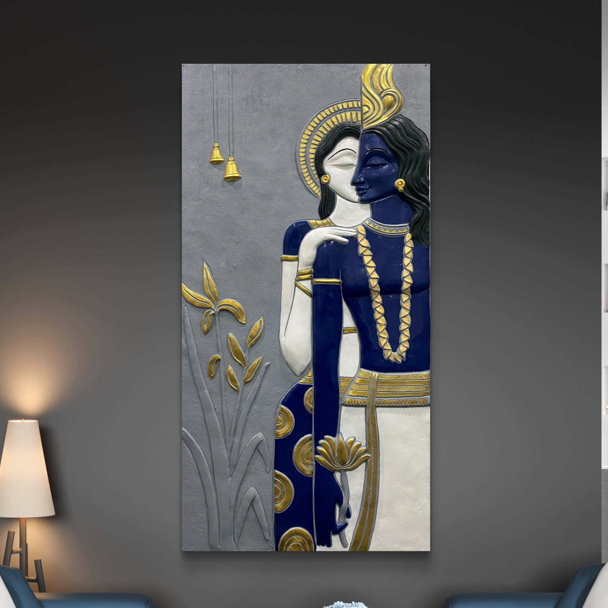 7x3.5 Feet | Abstract Radha Krishna 3D Elevation Sculpture Mural Wall Art | Divine Love & Spiritual Déco | Ready-to-Hang | Handmade Relief Artwork