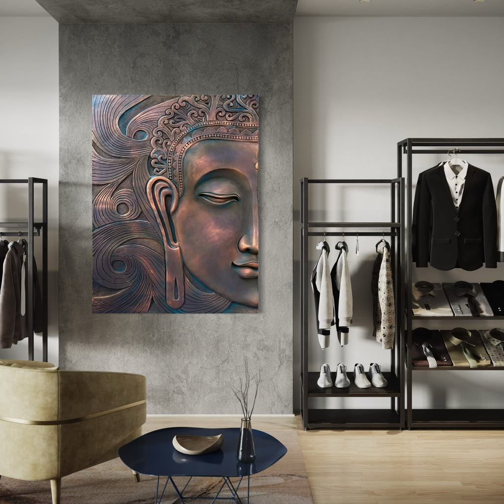 Close-up of abstract Buddha face 3D relief wall art highlighting serene expression and sculpted details