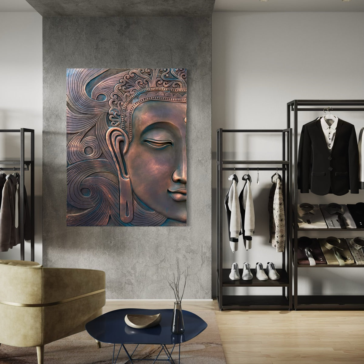 Close-up of abstract Buddha face 3D relief wall art highlighting serene expression and sculpted details