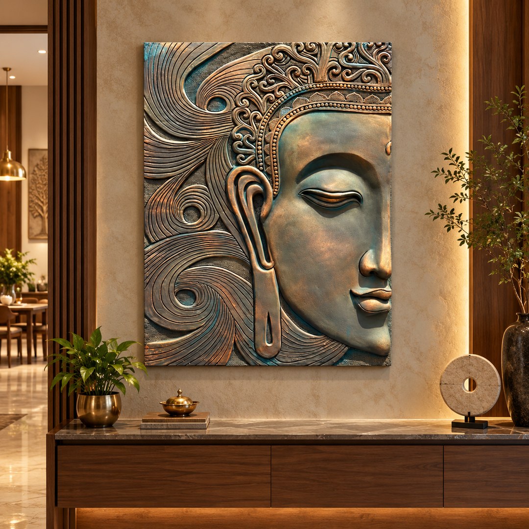 Full view of abstract Buddha face 3D wall art sculpture designed for calm and modern interiors.