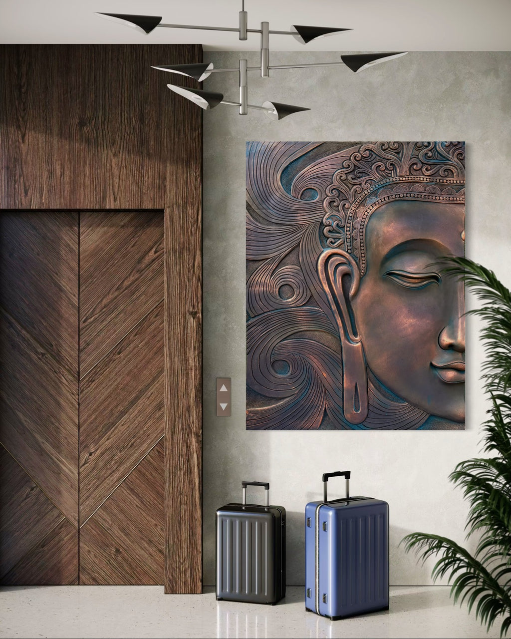 Full view of abstract Buddha face 3D wall art sculpture designed for calm and modern interiors