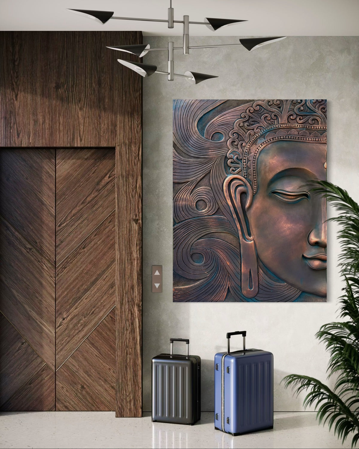 Full view of abstract Buddha face 3D wall art sculpture designed for calm and modern interiors