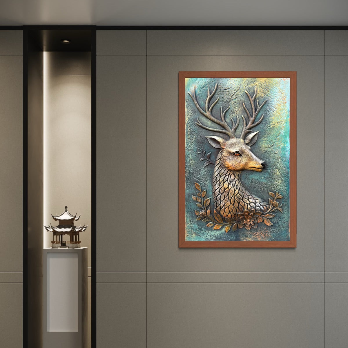 Close-up of abstract deer 3D relief wall art highlighting sculpted contours and detailing