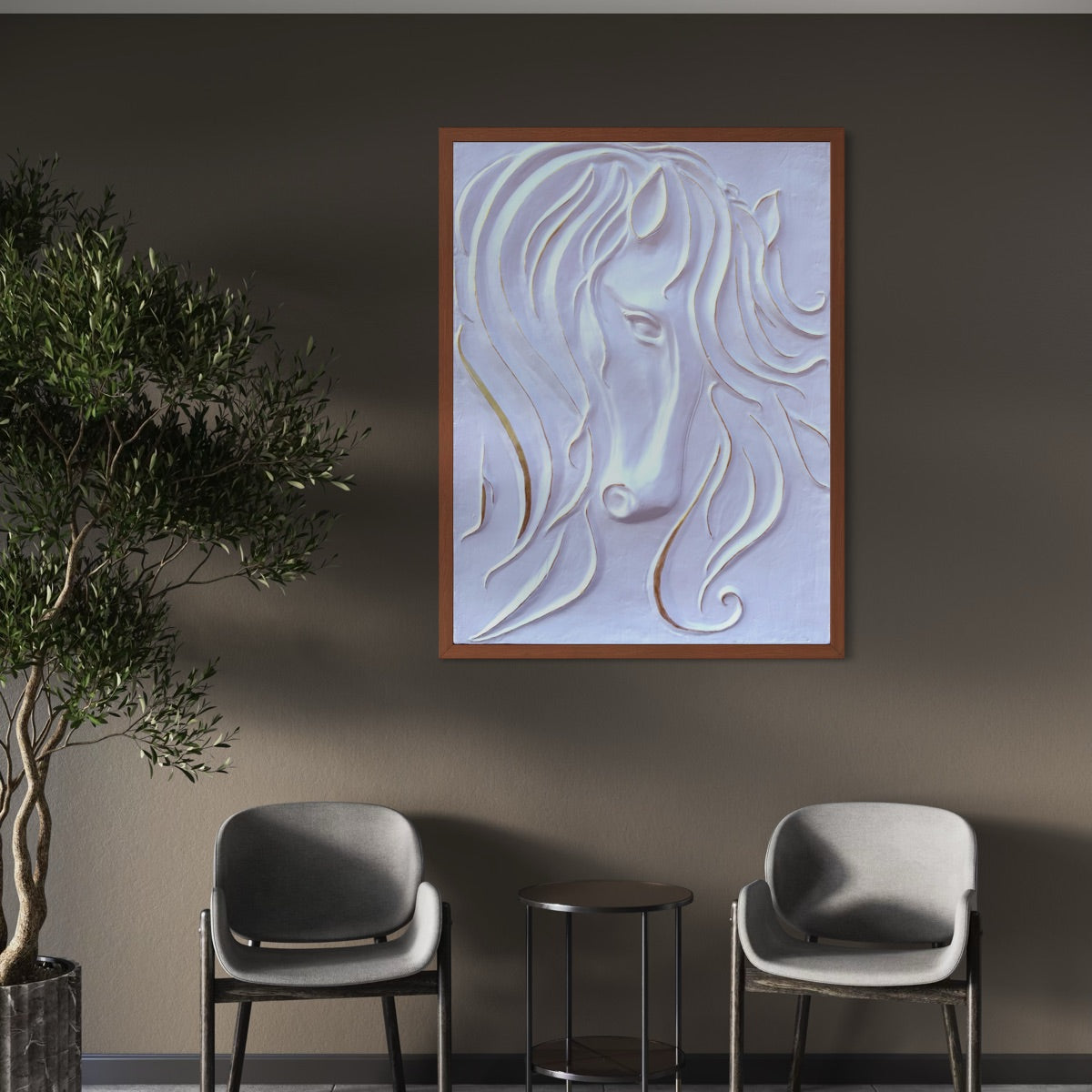 Abstract horse face 3D wall art displaying depth with light and shadow effects