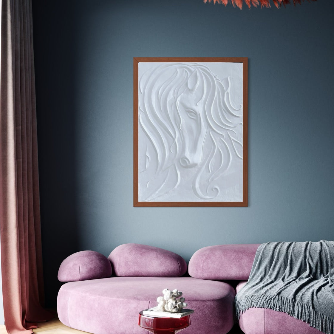 Close-up of abstract horse face 3D relief wall art highlighting textured surface and contours