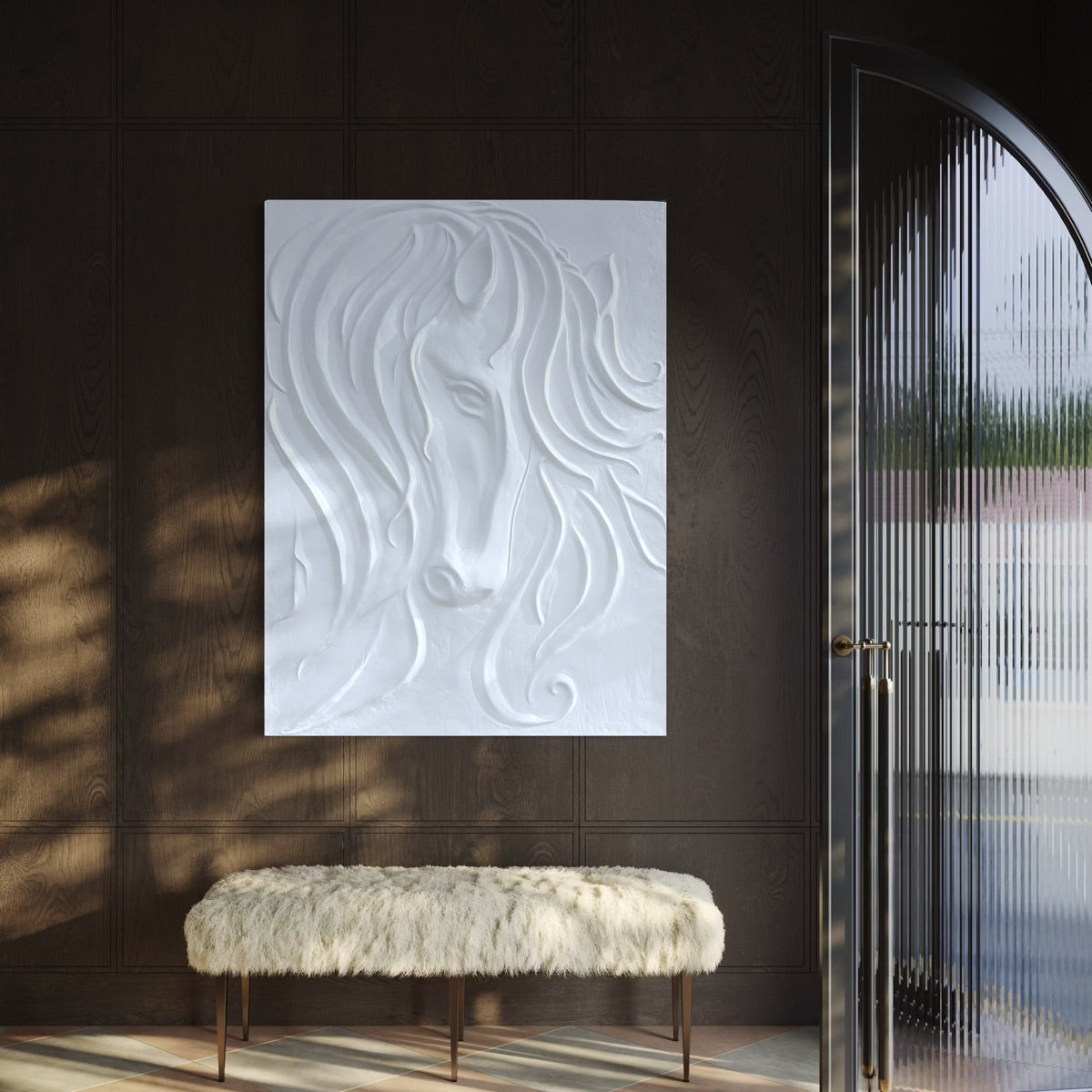 Full view of abstract horse face 3D wall art sculpture with bold sculptural form