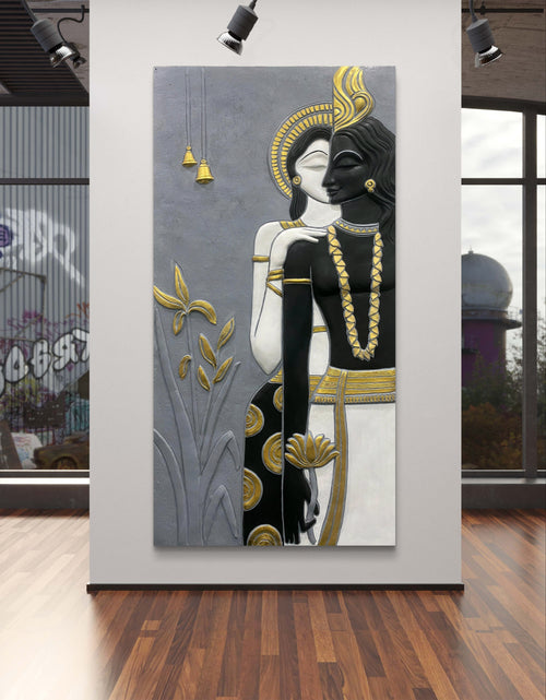 7x3.5 feet Abstract Radha Krishna 3D elevation wall mural in black finish, handcrafted relief artwork symbolizing divine love and devotion.