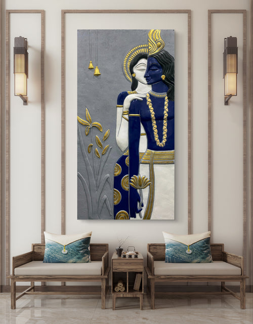 Blue finish 7x3.5 feet Abstract Radha Krishna 3D elevation mural, handmade relief sculpture representing eternal love and spiritual harmony.