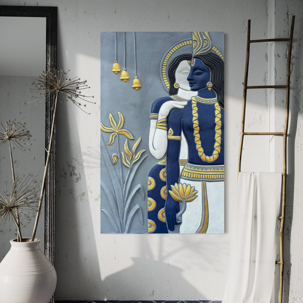 Close-up of abstract Radha Krishna 3D relief wall art highlighting artistic sculpted details