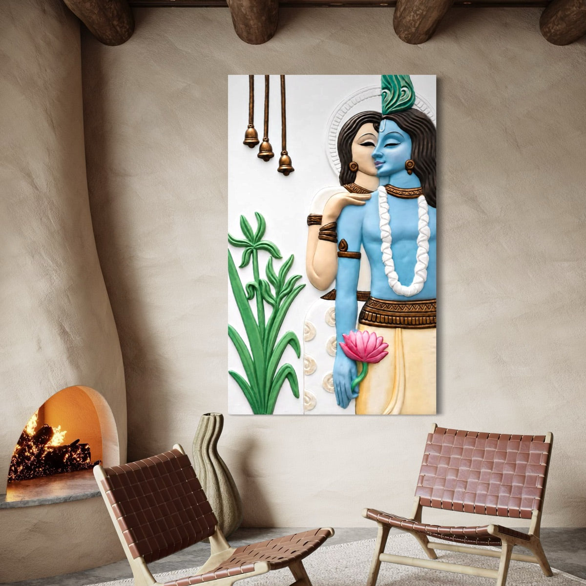 Full view of abstract Radha Krishna 3D wall art sculpture featuring a contemporary spiritual design