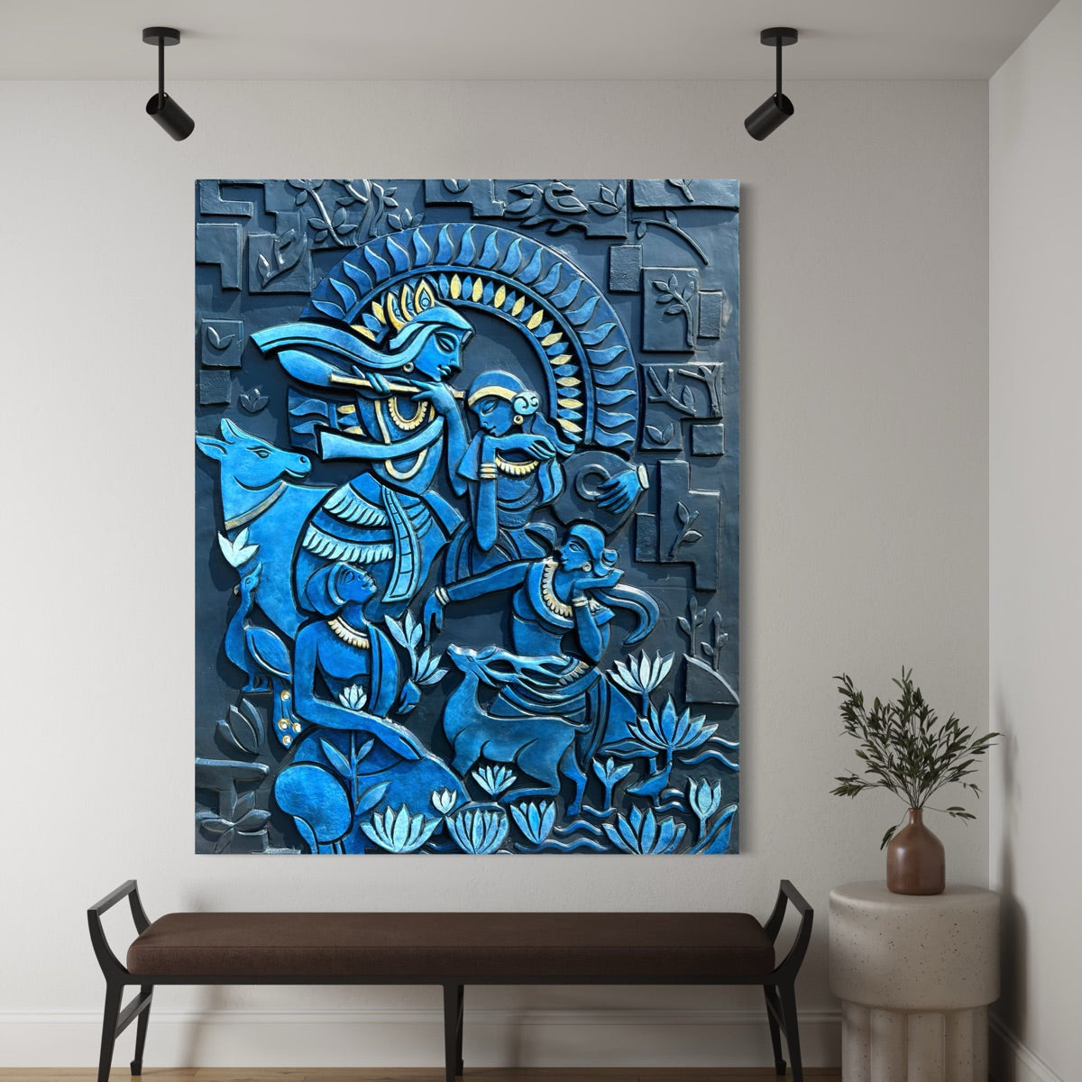 abstract Radha Krishna with cow 3D relief multicolour mural in 5x4 feet size, handcrafted spiritual wall art for living room or pooja room decor