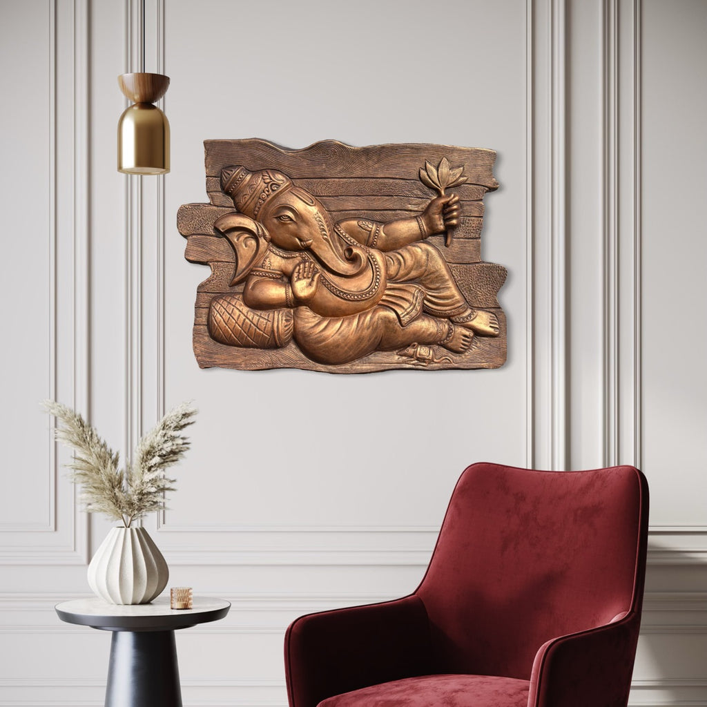 Abstract Sleeping Ganesha 3D Elevation Mural bronze colour (3x2 ft) with a clean finish, representing wisdom and protection.
