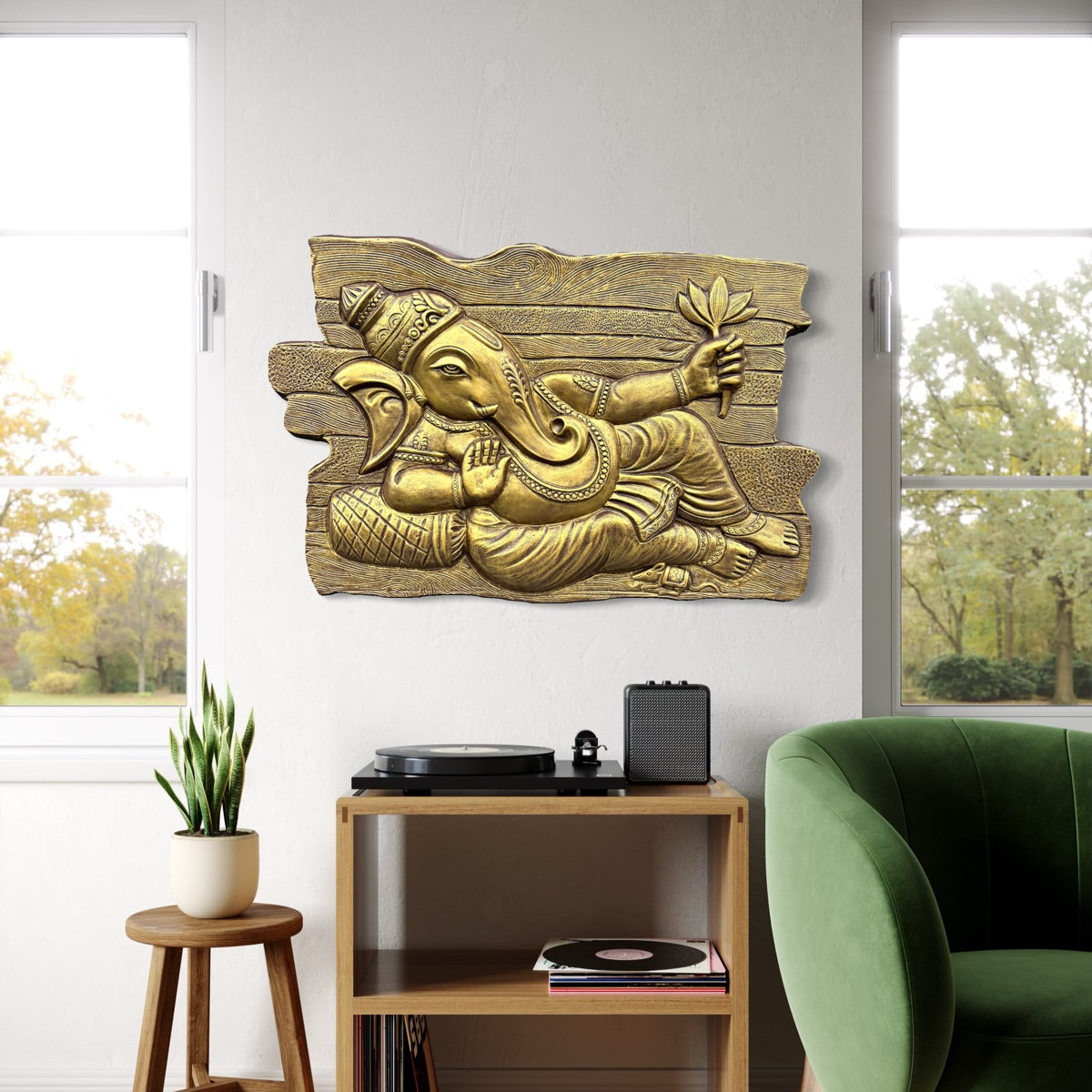 Abstract Sleeping Ganesha 3D Elevation Mural golden colour (3x2 ft) with a clean finish, representing wisdom and protection.