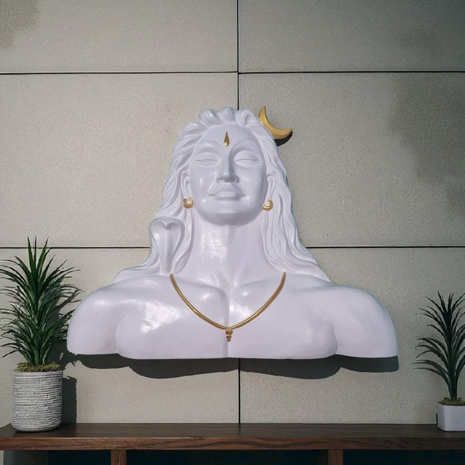 4x3 feet Adiyogi relief wall hanging in white finish with golden highlights, elegant 3D Shiva sculpture ready to hang for peaceful interiors.